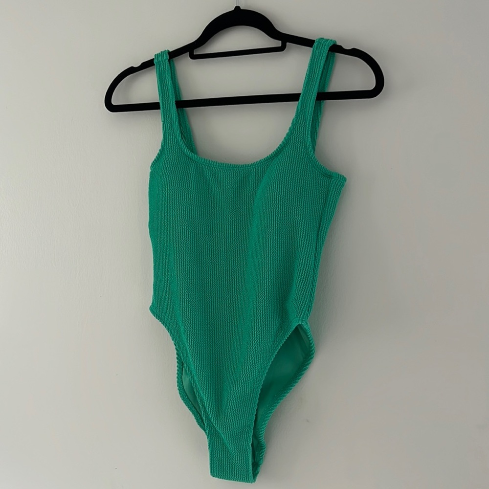NWT green low back high leg textured one piece